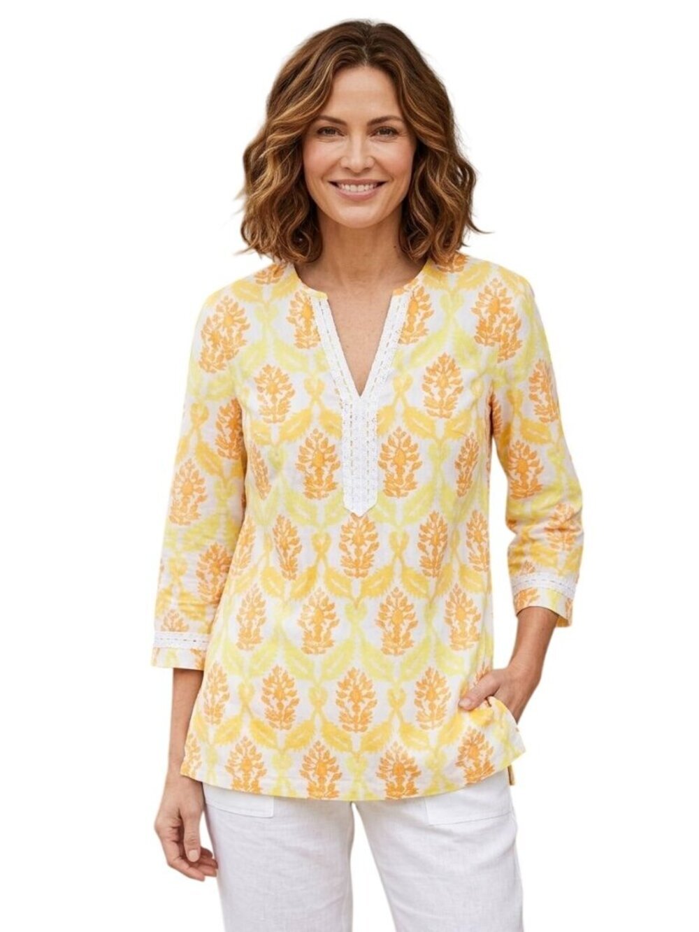 J. Mclaughlin Yellow Orange Sustainable Cotton Crochet Lace Tunic Top Size M